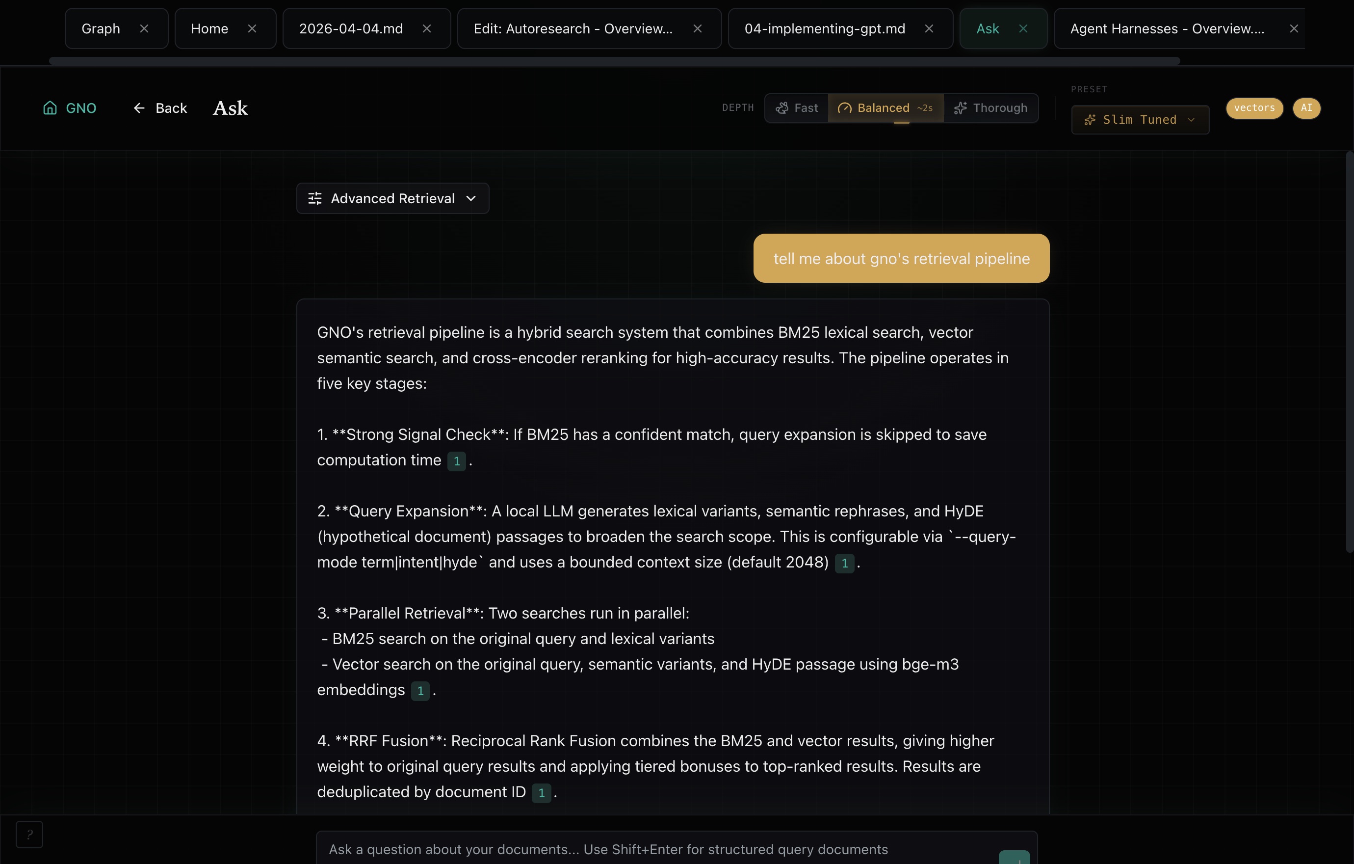GNO AI answers with cited sources from local documents