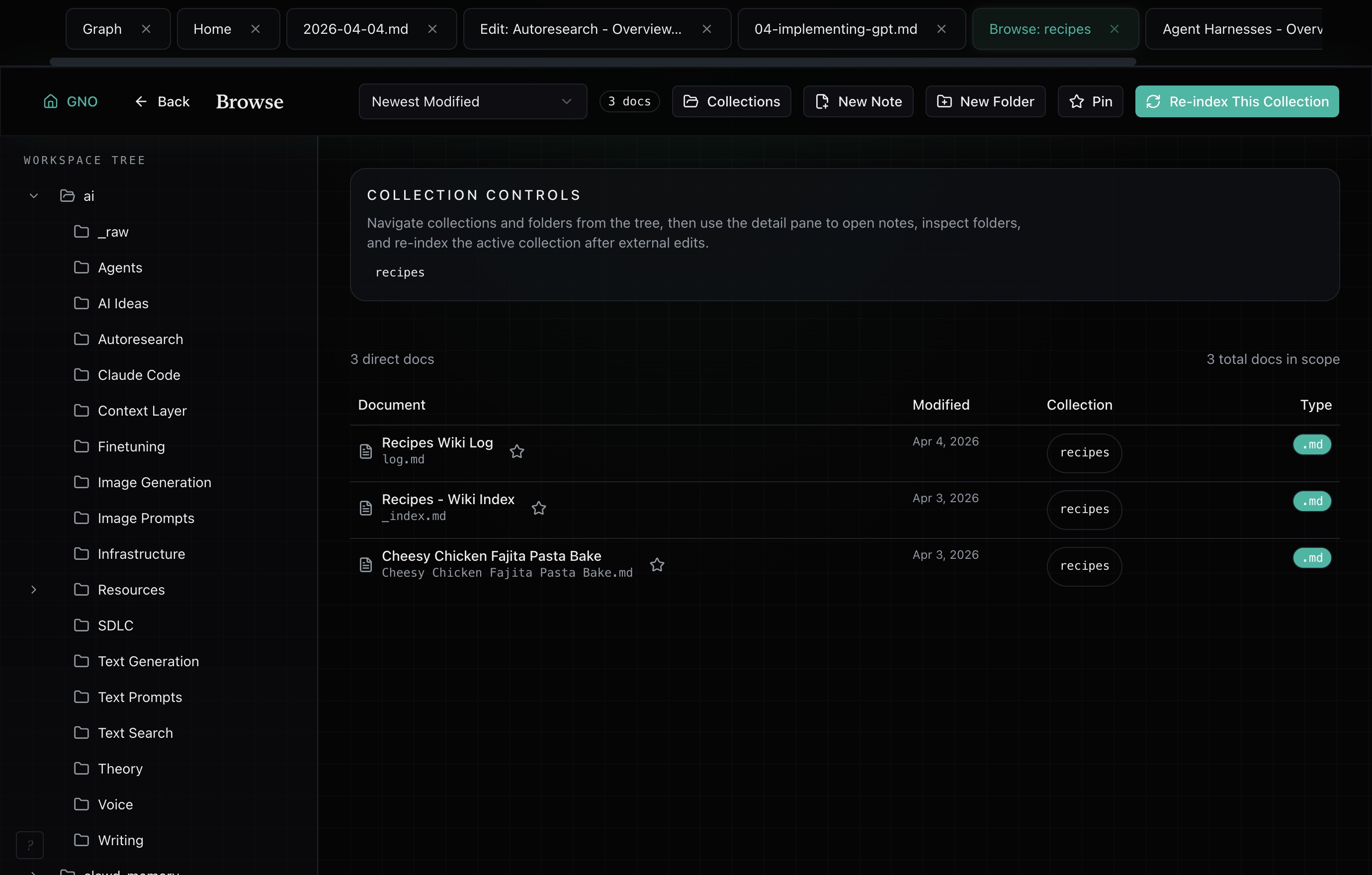 GNO collection browse with folder tree and document list