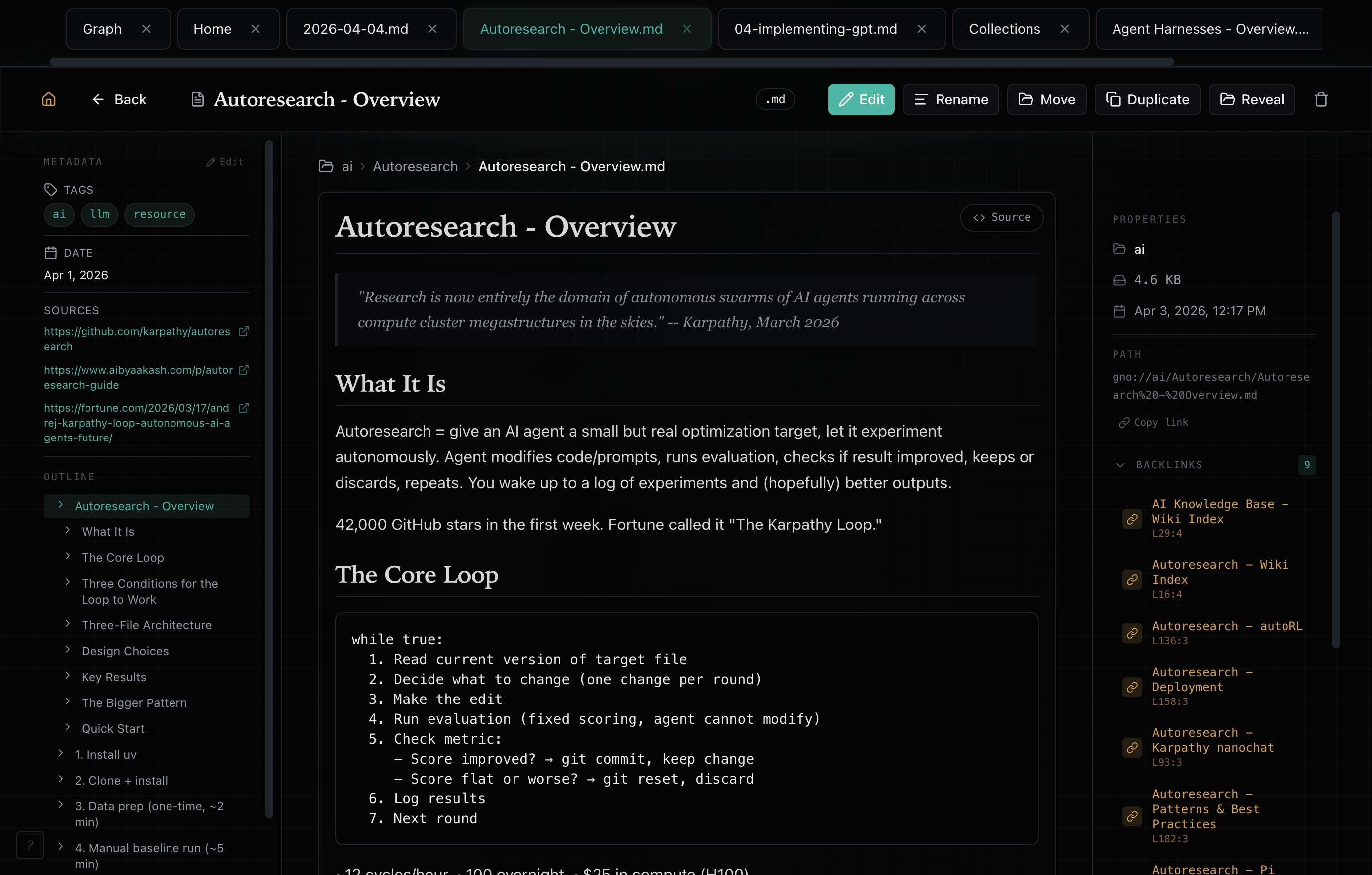GNO web UI showing document viewer with sidebar, backlinks, and metadata