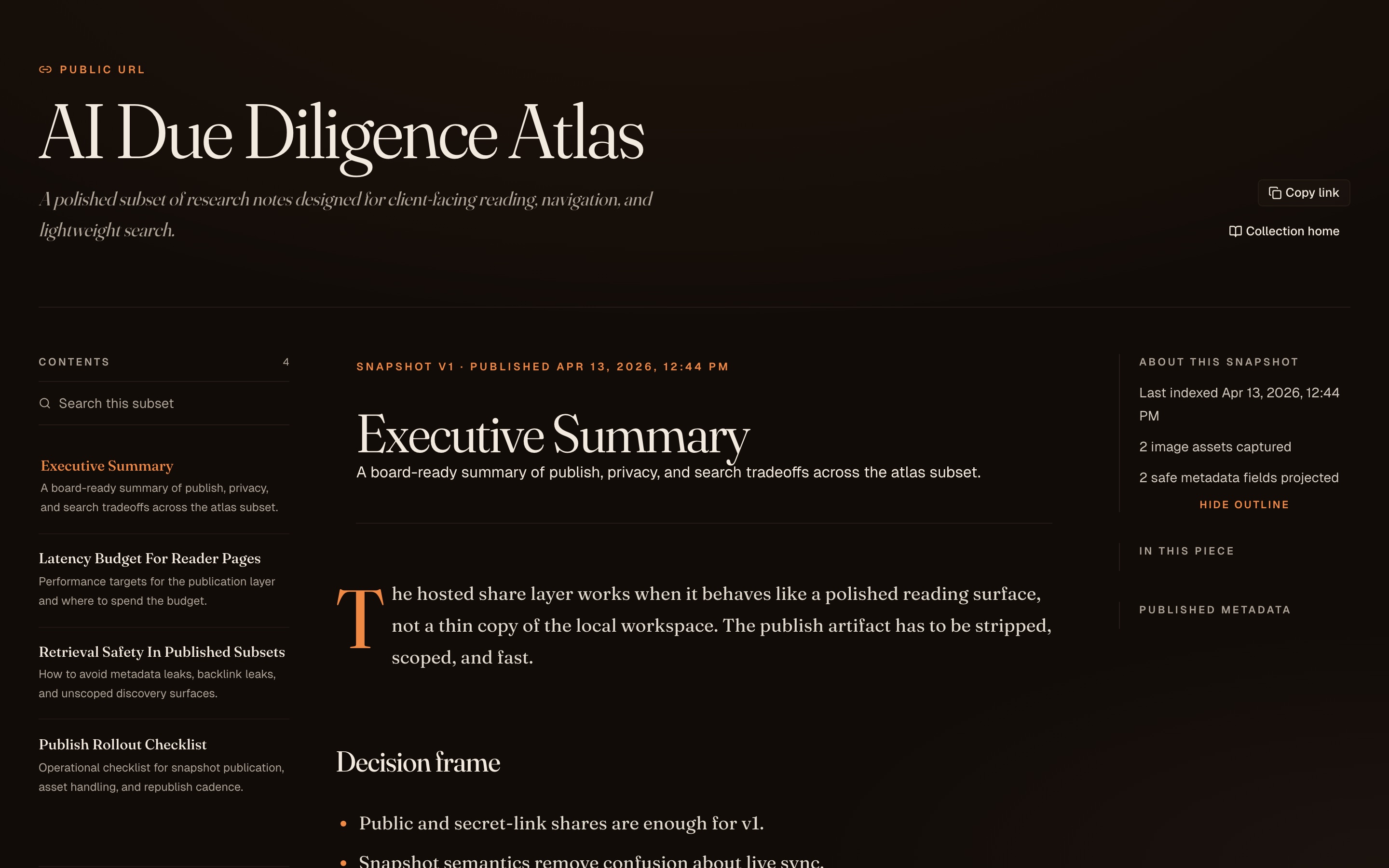 GNO published reader showing the AI Due Diligence Atlas with three-column layout, table of contents, and editorial typography